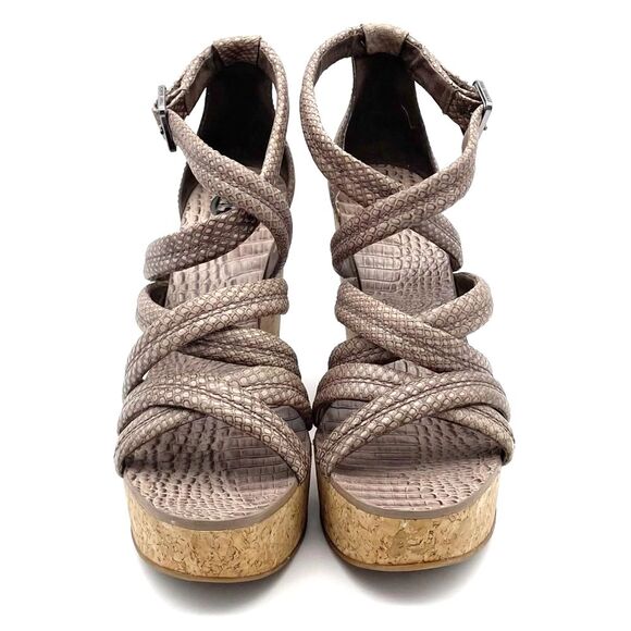 Tory Burch Taupe Reptile Embossed Leather Strappy Cork Wedge Sandals Size 10.5 - Picture 8 of 16
